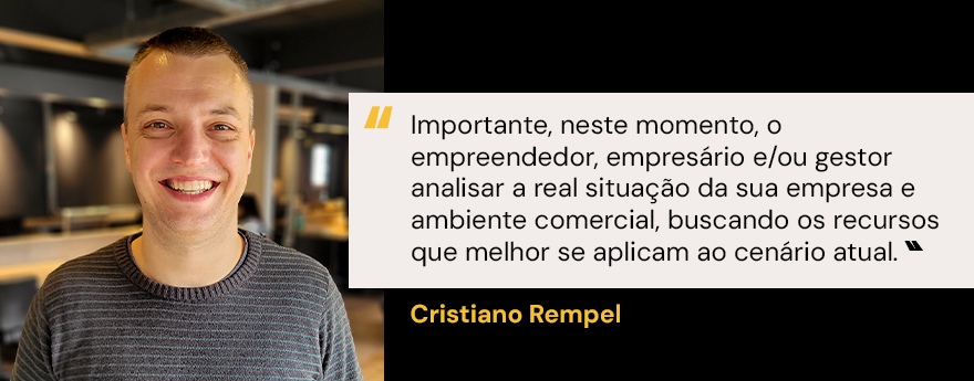 Card com foto de um homem e texto: "Importante, neste momento,o empreendedor, empresário e/ou gestor analisar a real situação da sua empresa e ambiente comercial, buscando os recursos que melhor se aplicam ao cennário atual." Cristiano Rempel - Planejamento financeiro em tempos de crise: como um coworking pode beneficiar a sua marca