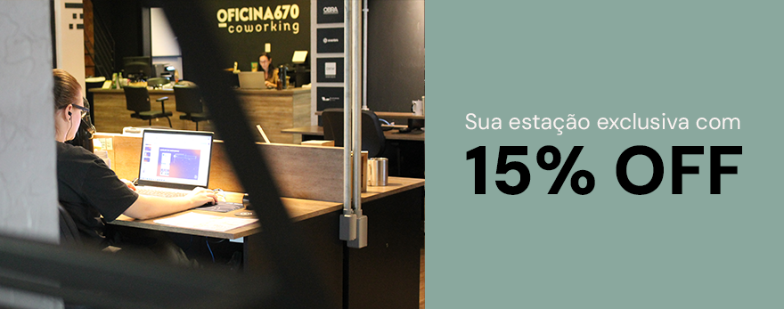 Banner com design e texto - "Sua estação exclusiva com 15% OFF" - Inicie 2025 com o pé direito: tenha seu espaço no Oficina670!